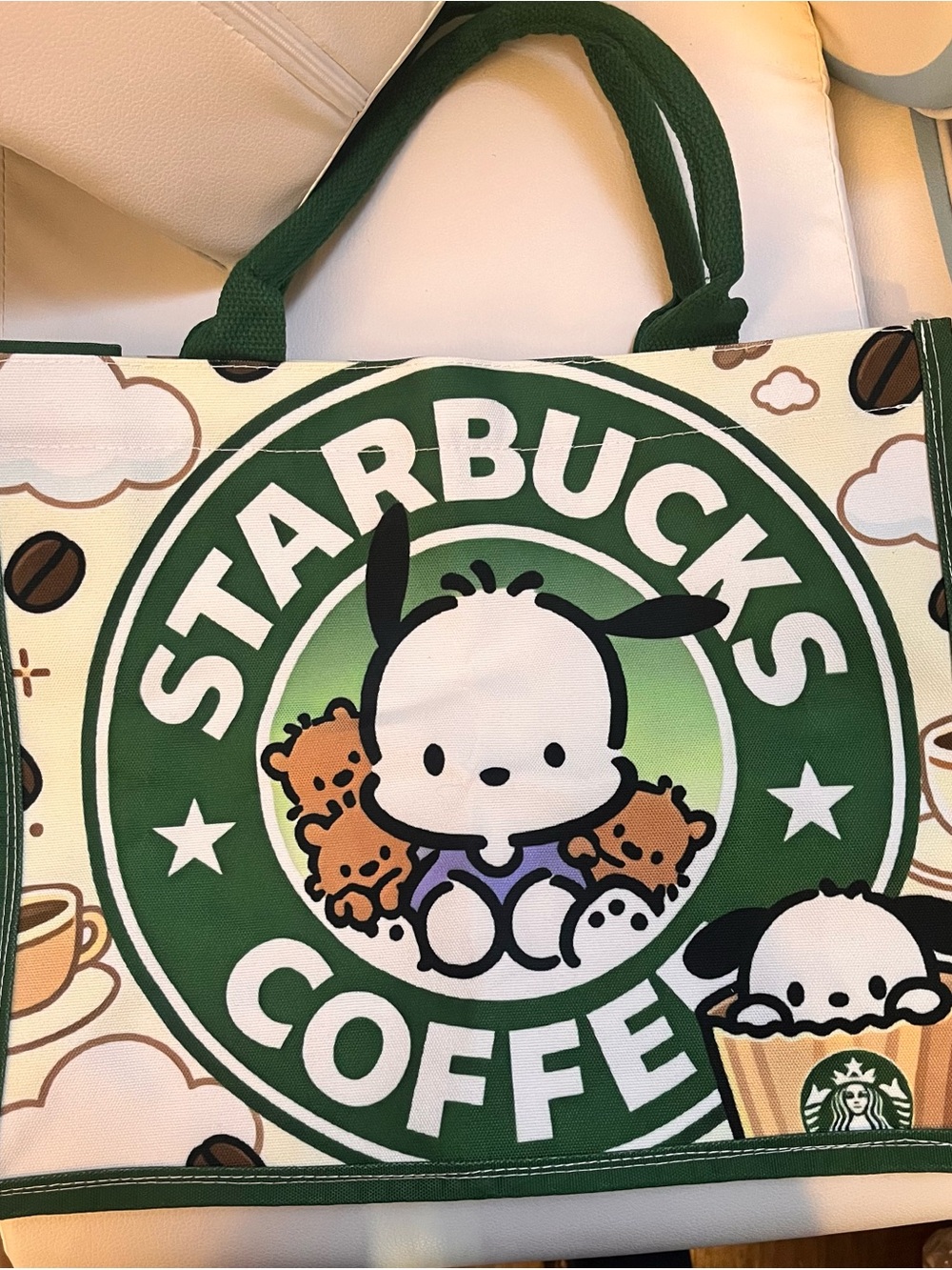 Starbucks x Sanrio PochaccoGreen and White Canvas Tote Bag